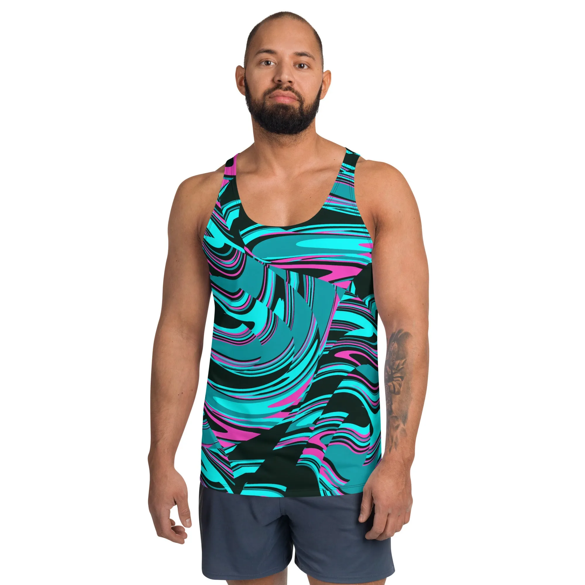 Teal and Black Unisex Abstract Rave Tank Top