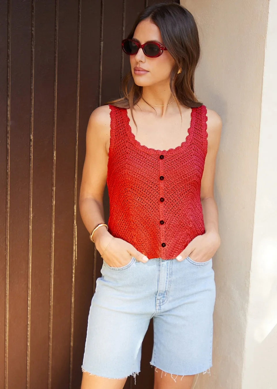 Threadbare Red Katrina Mock Button Down Crochet Knitted Vest