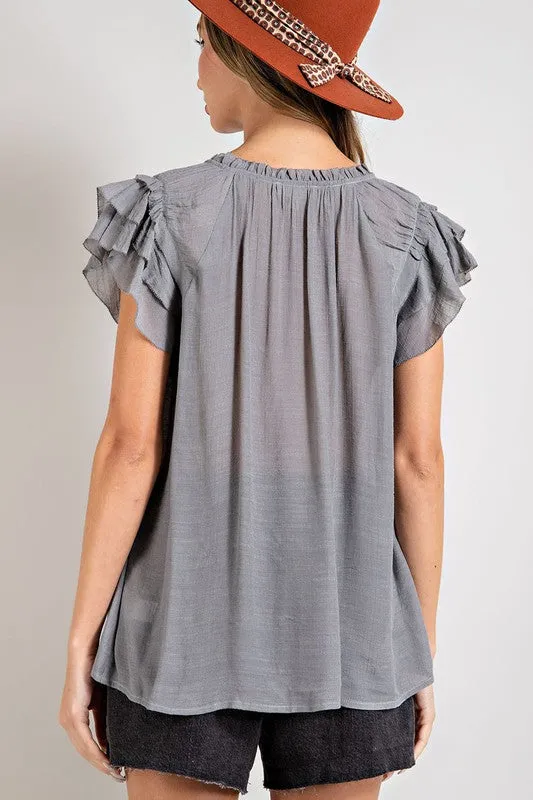 TIERED RUFFLE SLEEVE SHORT SLEEVE BLOUSE