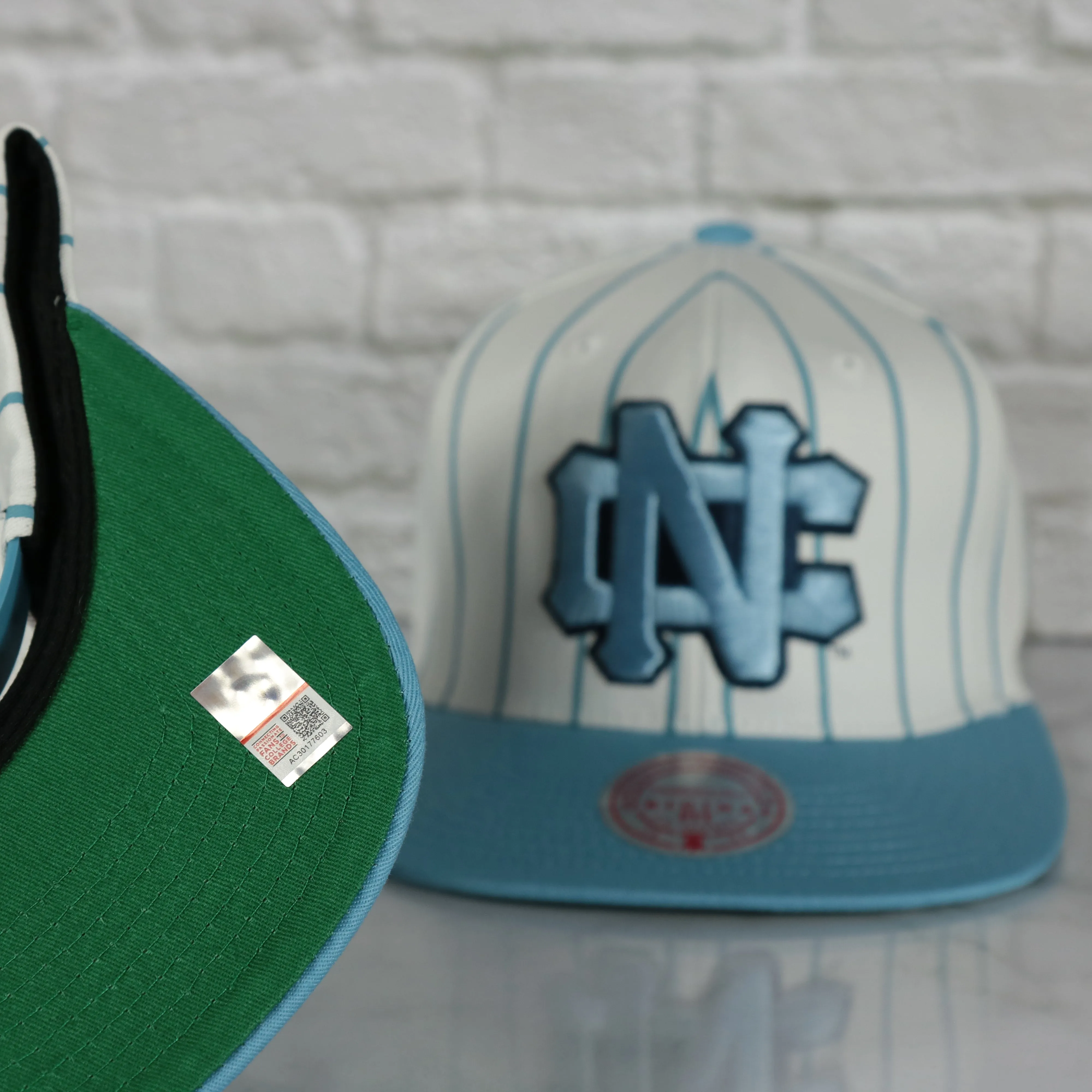 University of North Carolina Tar Heels Vintage Pinstripe Baseball Hat | Retro Mitchell and Ness White Pinstripe Snapback Hat