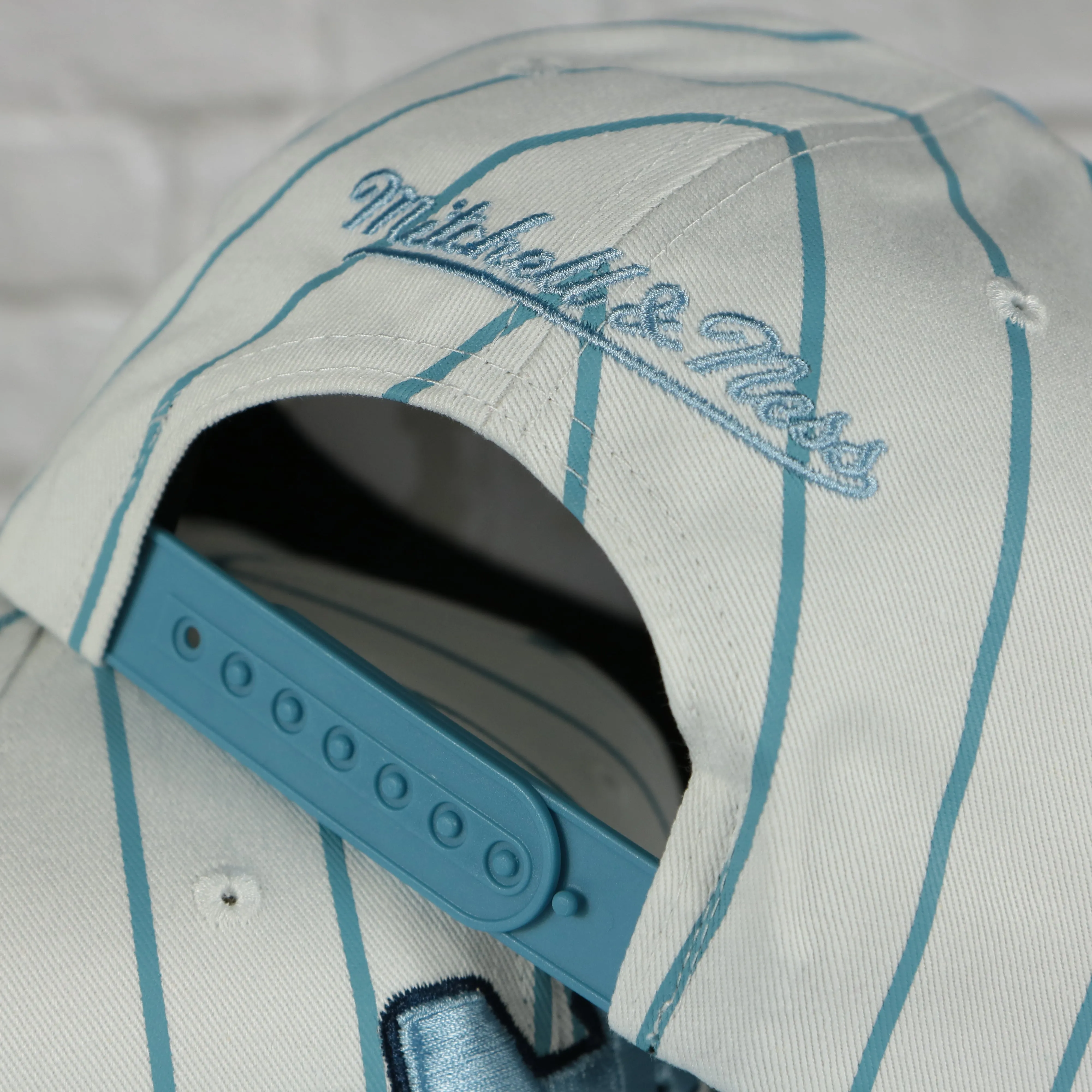 University of North Carolina Tar Heels Vintage Pinstripe Baseball Hat | Retro Mitchell and Ness White Pinstripe Snapback Hat