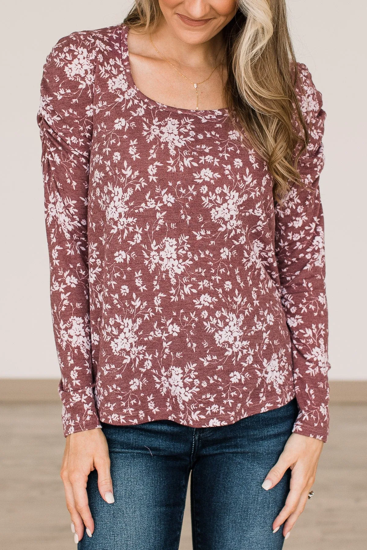 Unwavering Confidence Ruched Sleeve Top- Dusty Maroon