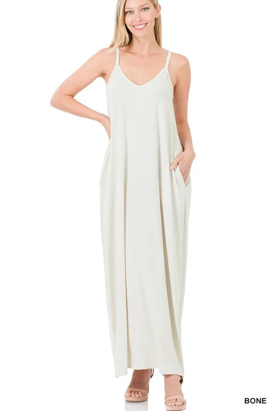 V-NECK CAMI MAXI DRESS WITH SIDE POCKETS