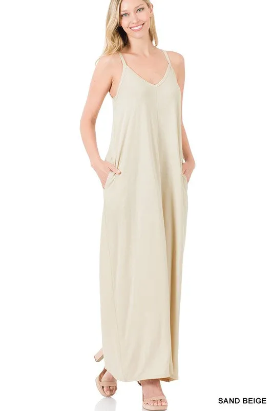 V-NECK CAMI MAXI DRESS WITH SIDE POCKETS