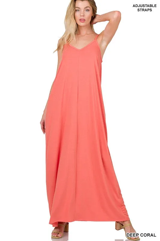 V-NECK CAMI MAXI DRESS WITH SIDE POCKETS