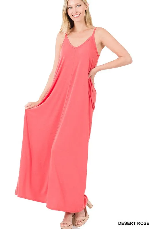 V-NECK CAMI MAXI DRESS WITH SIDE POCKETS