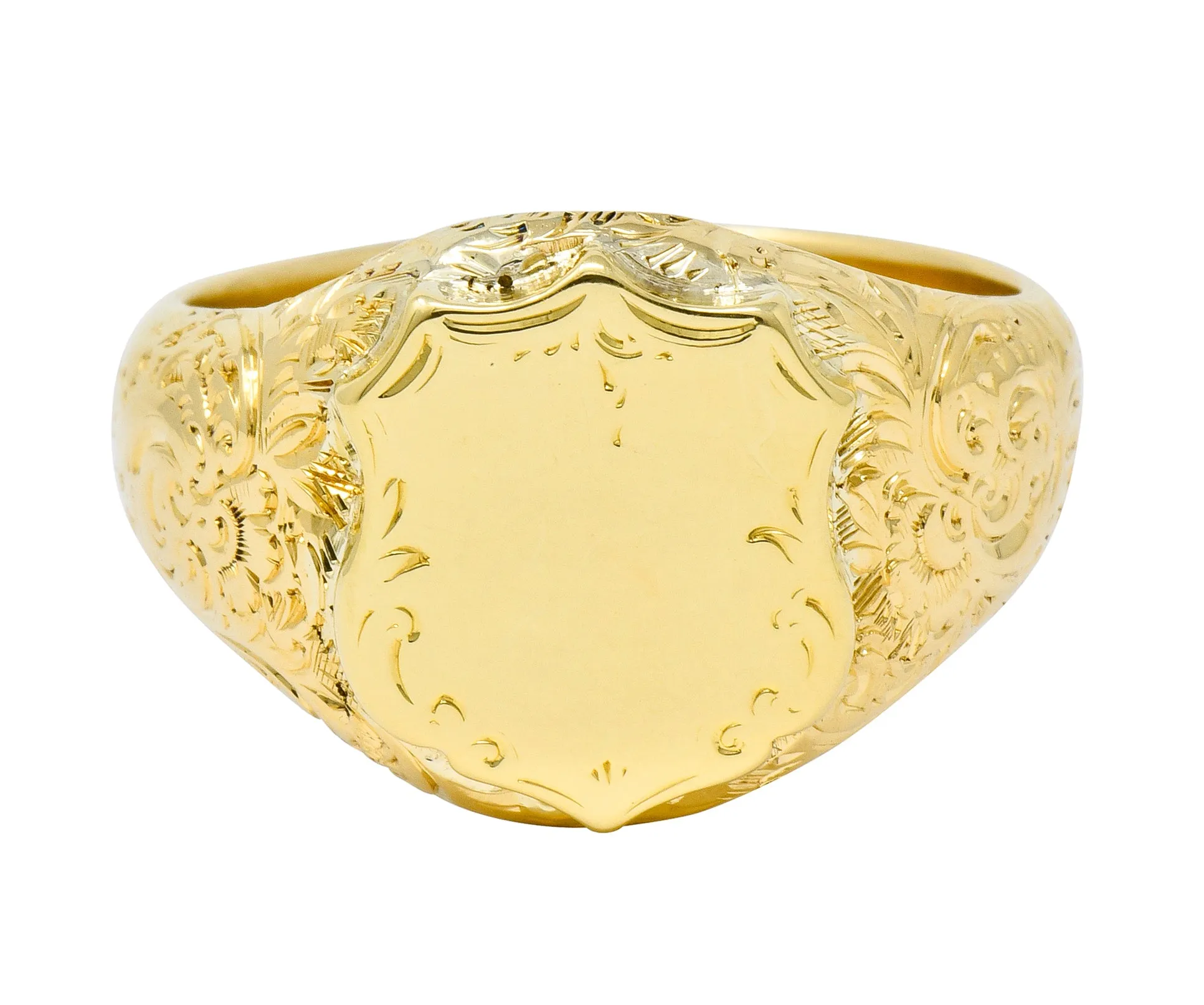 Victorian 18 Karat Yellow Gold Unisex Floral Shield Unisex Signet Ring