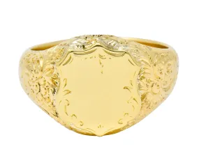 Victorian 18 Karat Yellow Gold Unisex Floral Shield Unisex Signet Ring