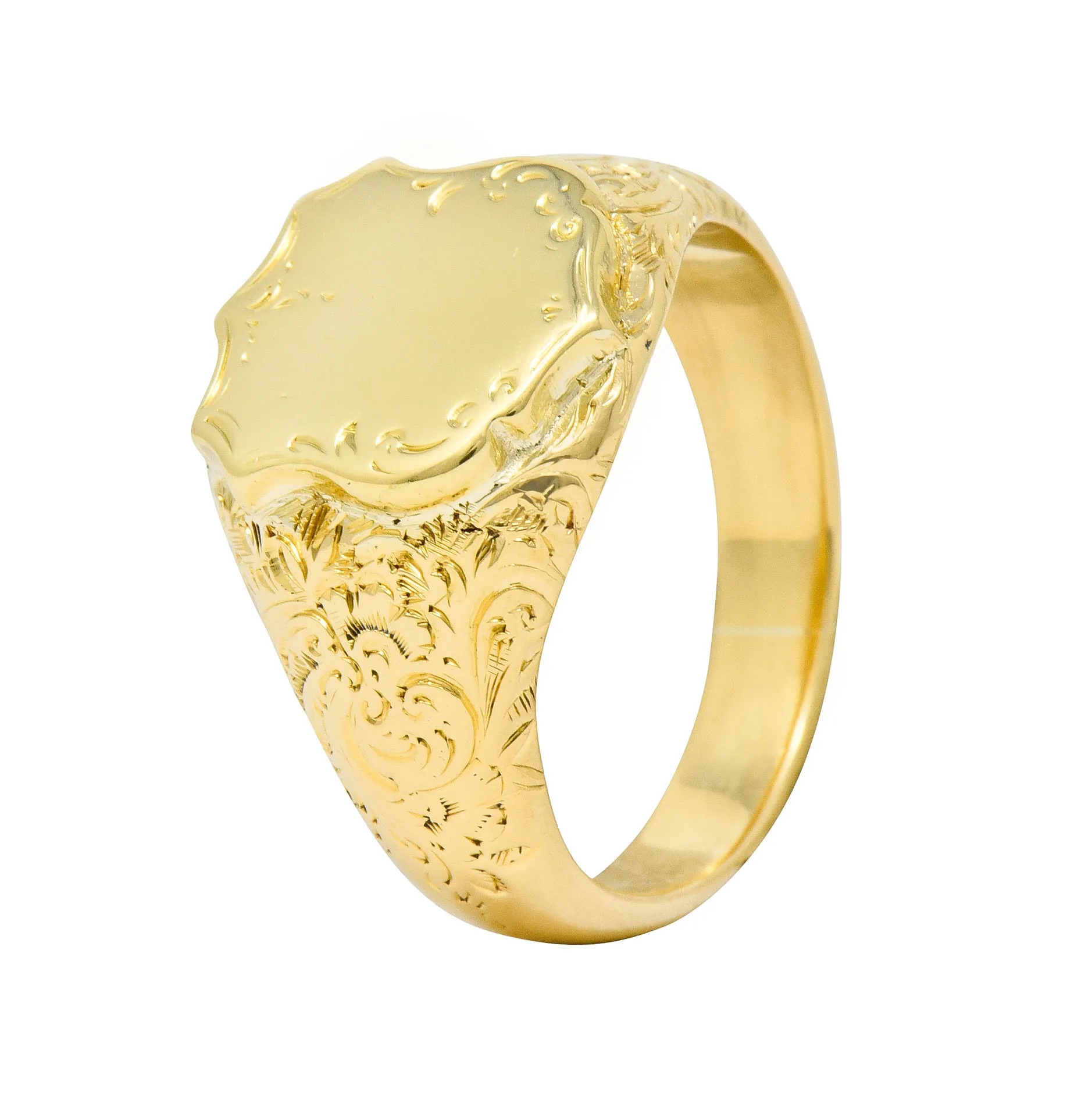 Victorian 18 Karat Yellow Gold Unisex Floral Shield Unisex Signet Ring