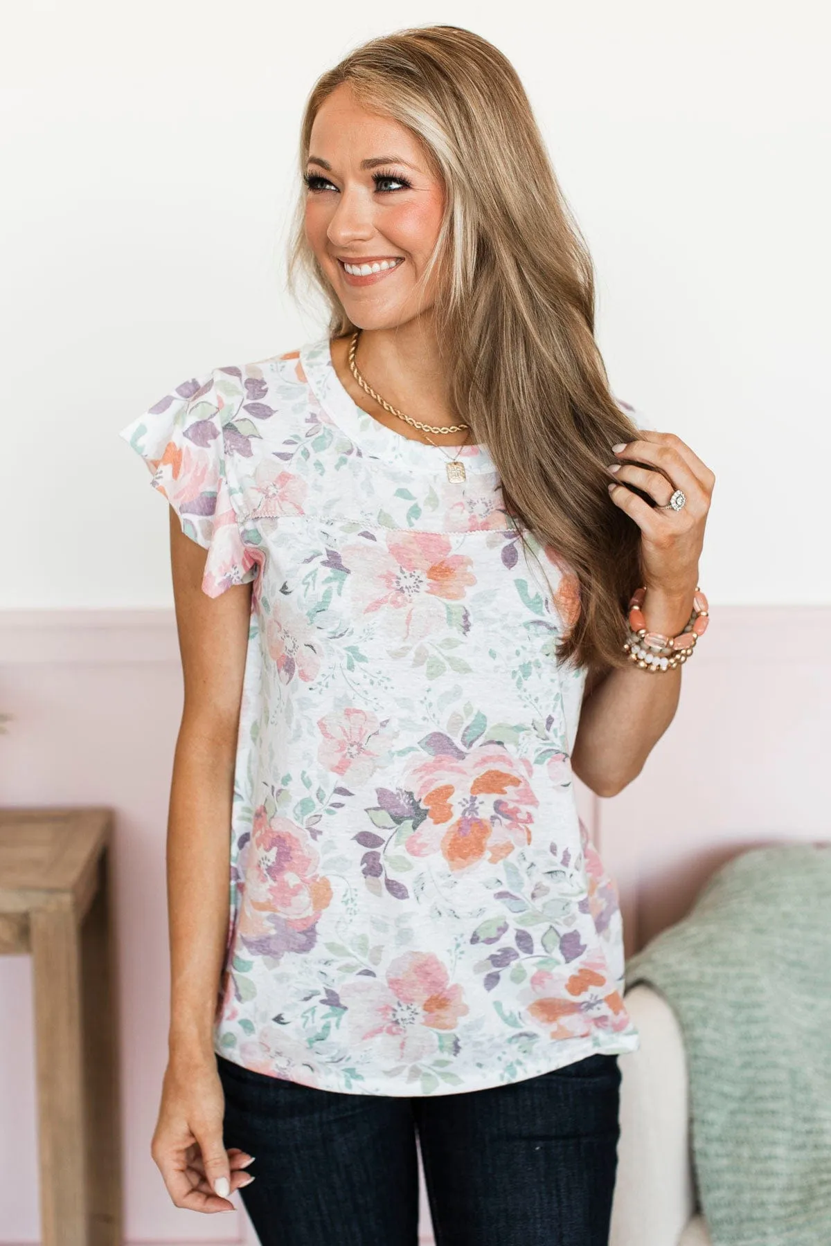 Watercolor Petals Flutter Sleeve Top- Ivory