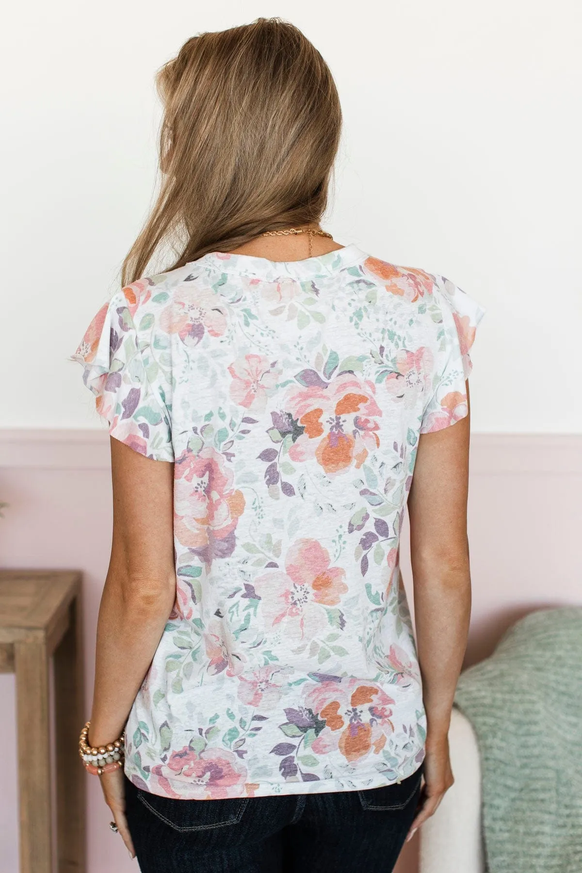 Watercolor Petals Flutter Sleeve Top- Ivory