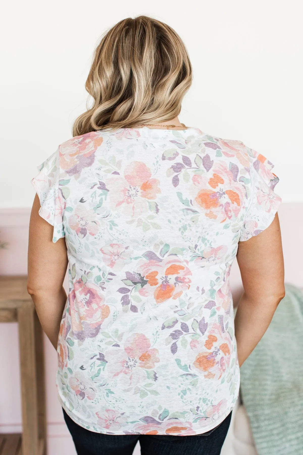 Watercolor Petals Flutter Sleeve Top- Ivory