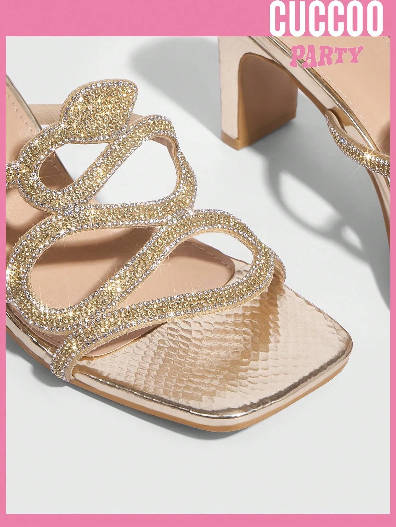 Woman Shoes Fashionable Open Toe Square Heel Sandals With Snake Shaped Diamante Strap For Spring And Summer Prom Shoes