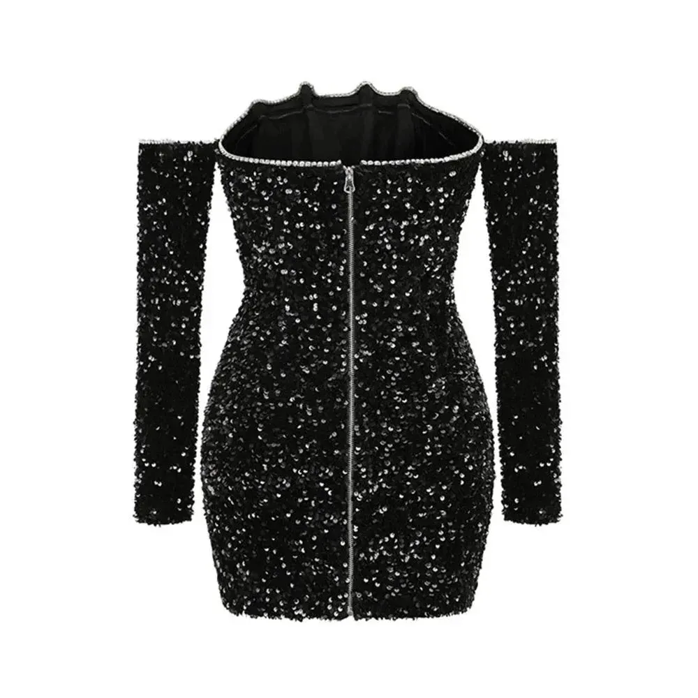 Women's Black Luxury Sequin Diamonds Sexy Off-Shoulder Bodycon Dress