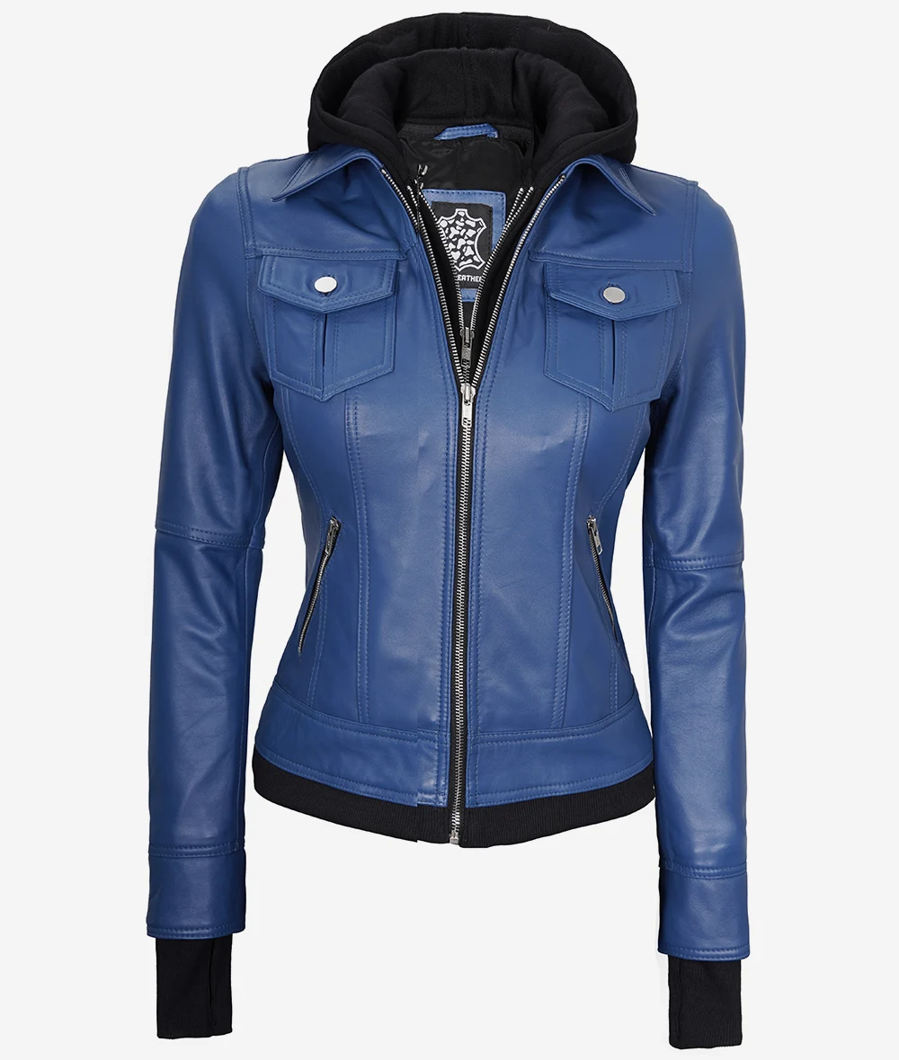 Womens Blue Bomber Leather Jacket With Hood