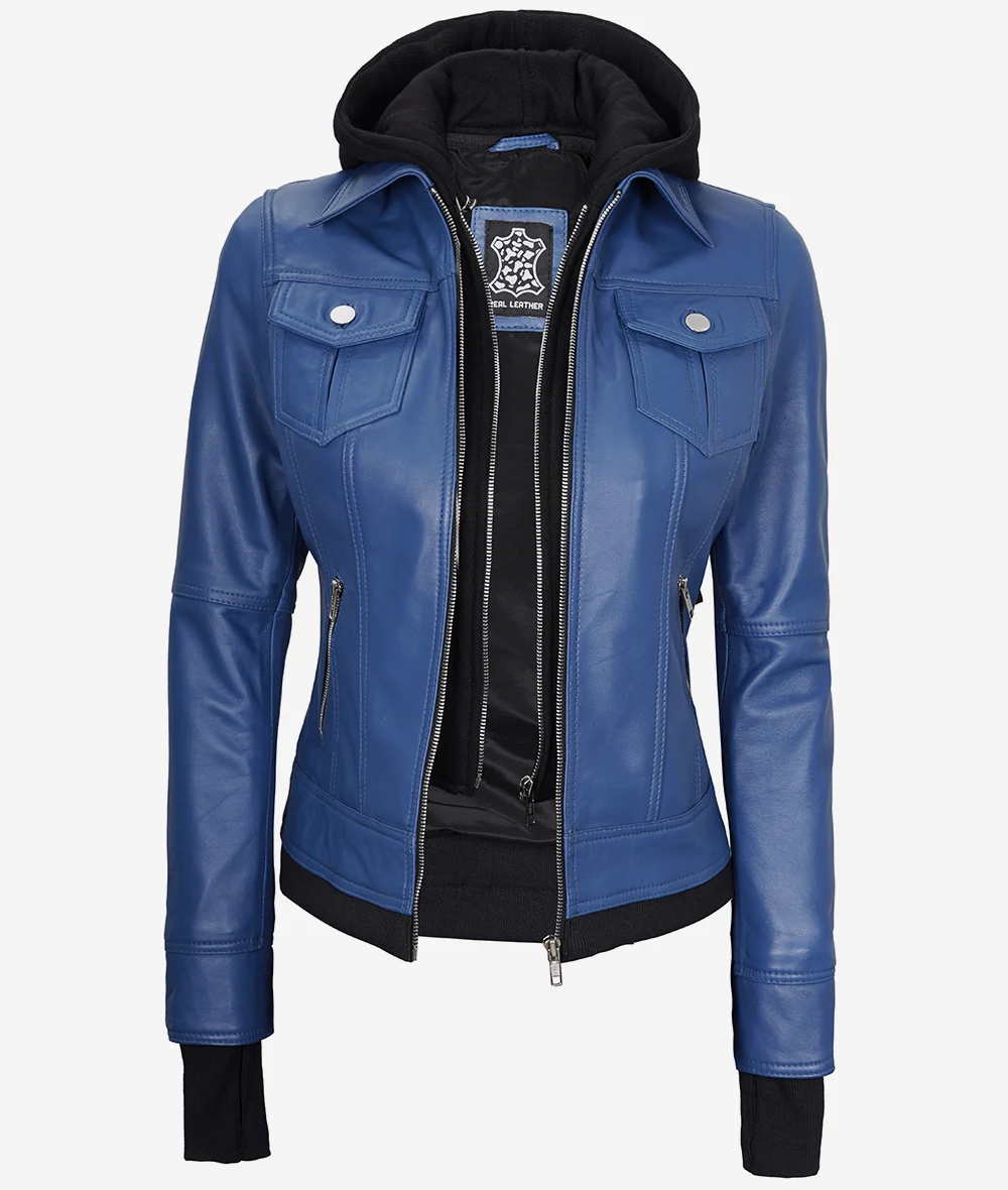 Womens Blue Bomber Leather Jacket With Hood