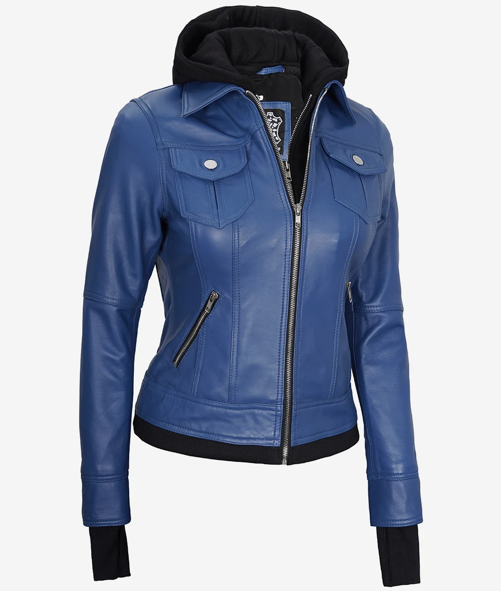 Womens Blue Bomber Leather Jacket With Hood