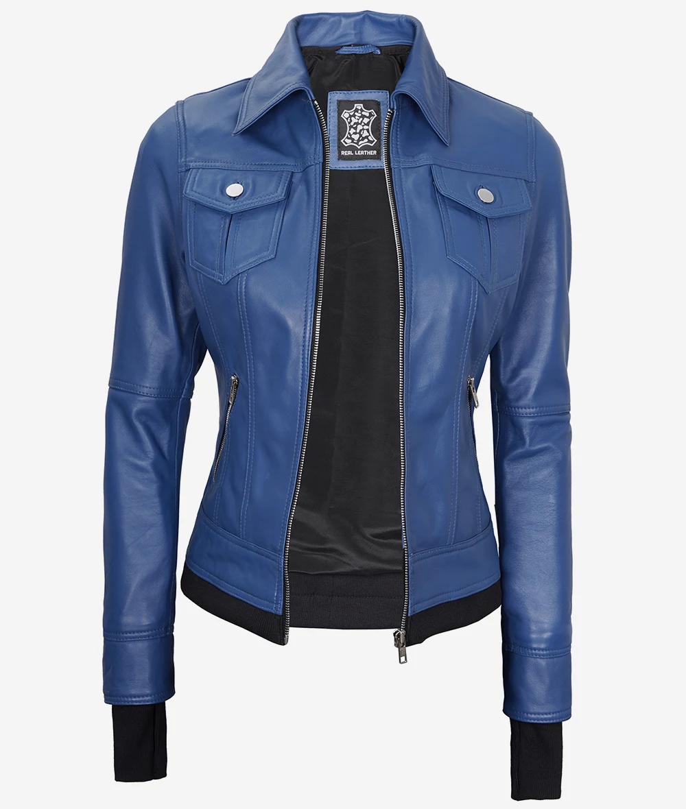 Womens Blue Bomber Leather Jacket With Hood