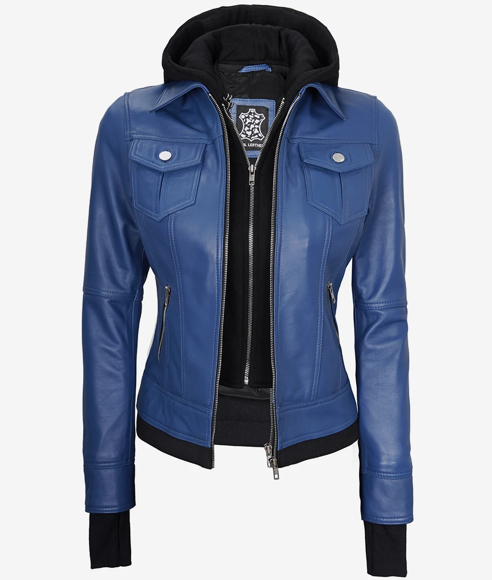 Womens Blue Bomber Leather Jacket With Hood