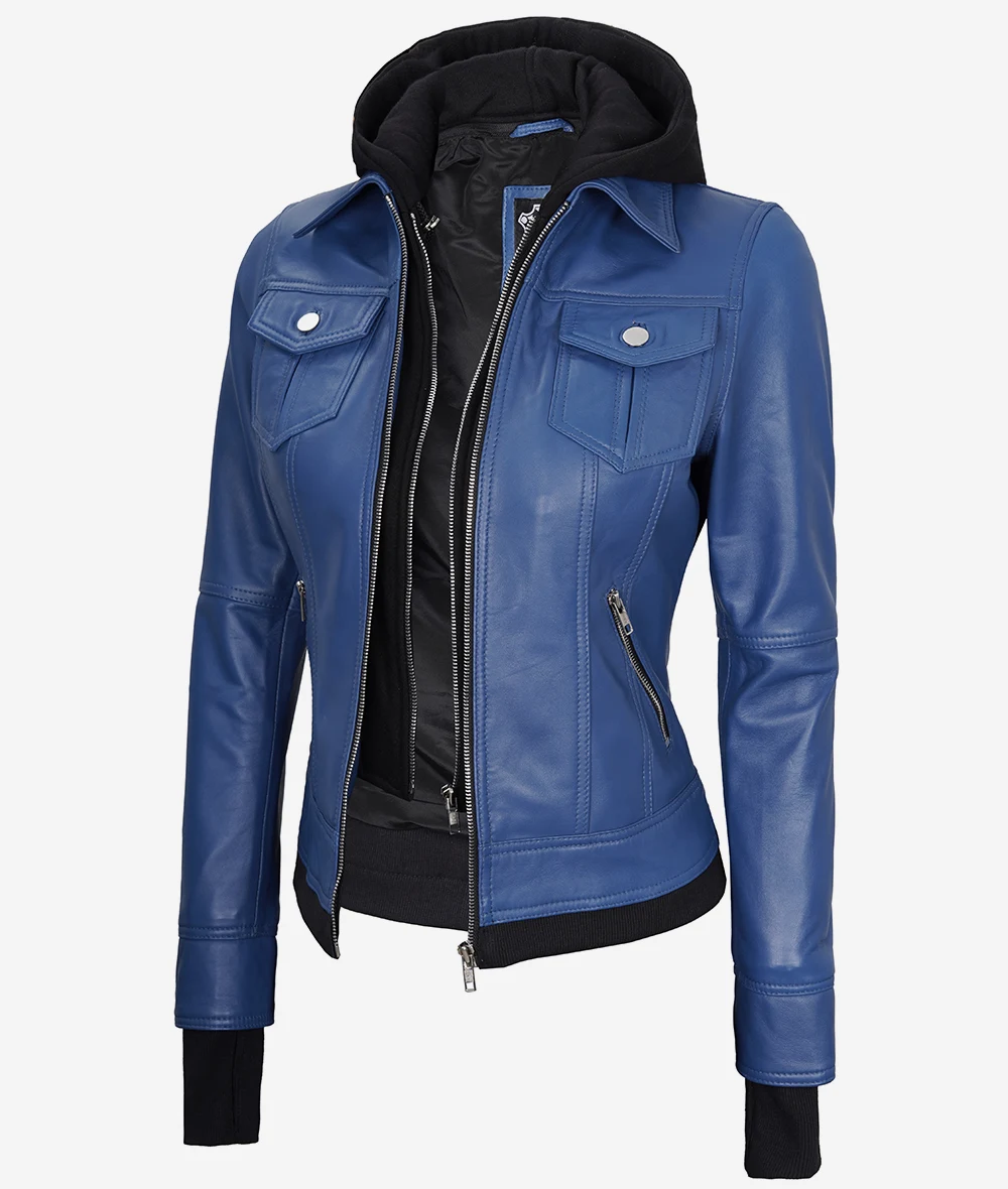 Womens Blue Bomber Leather Jacket With Hood