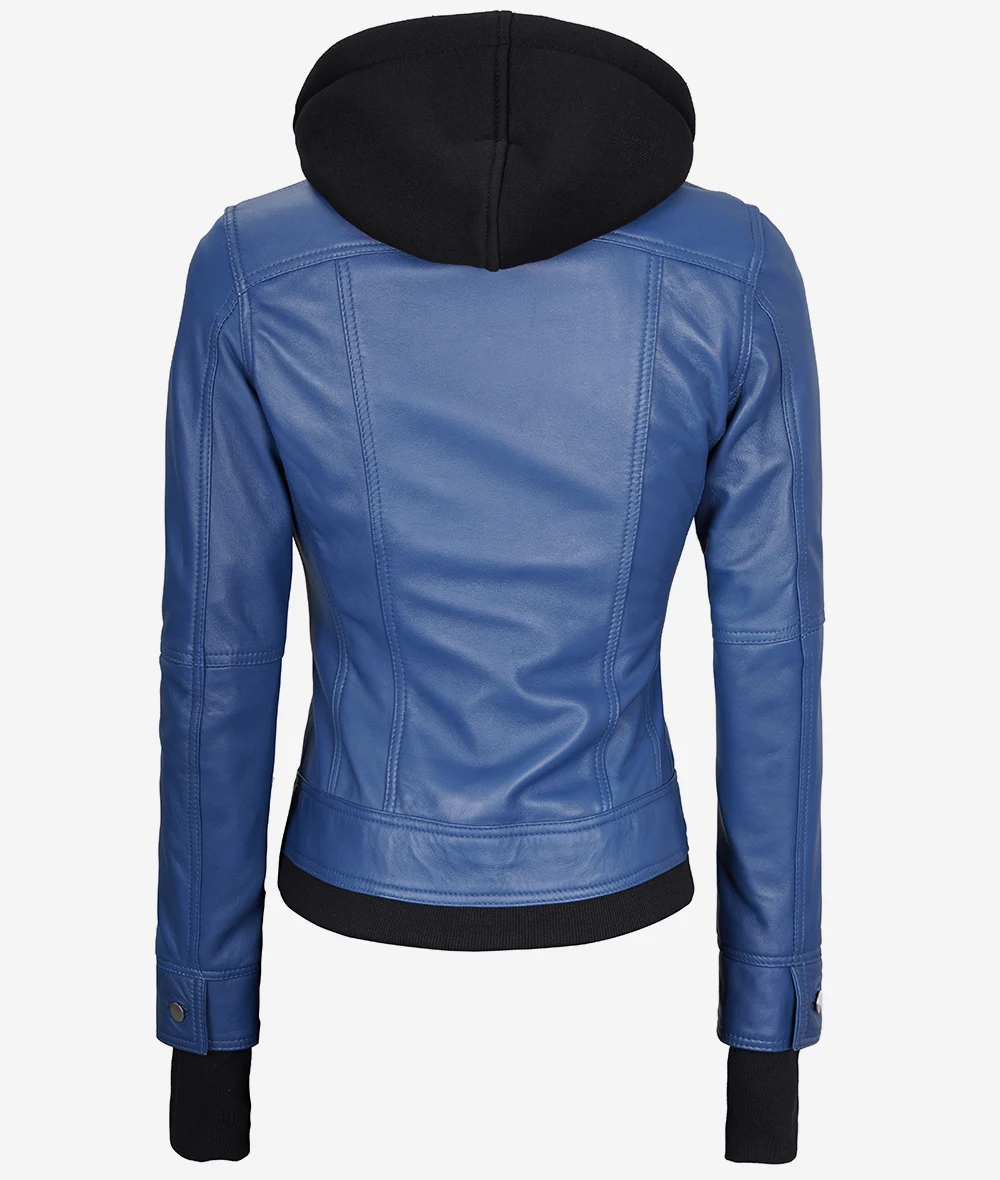 Womens Blue Bomber Leather Jacket With Hood