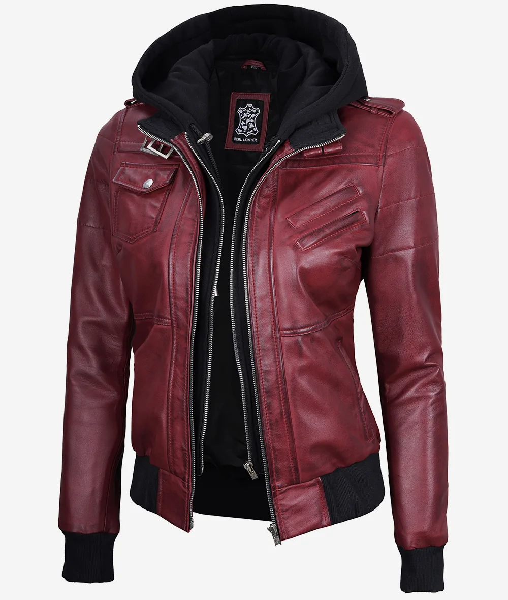 Womens Maroon Hooded Bomber Leather Jacket