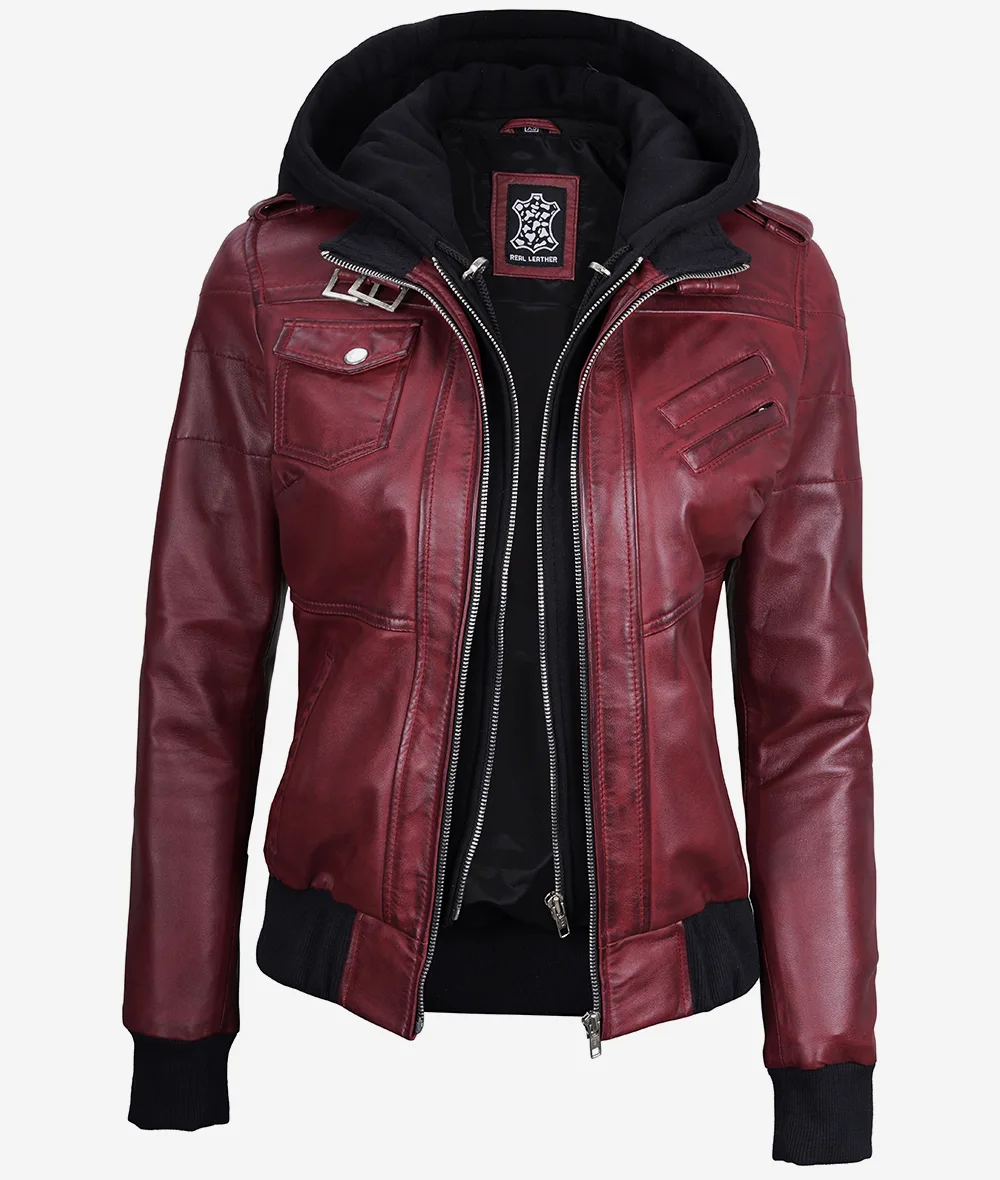 Womens Maroon Hooded Bomber Leather Jacket