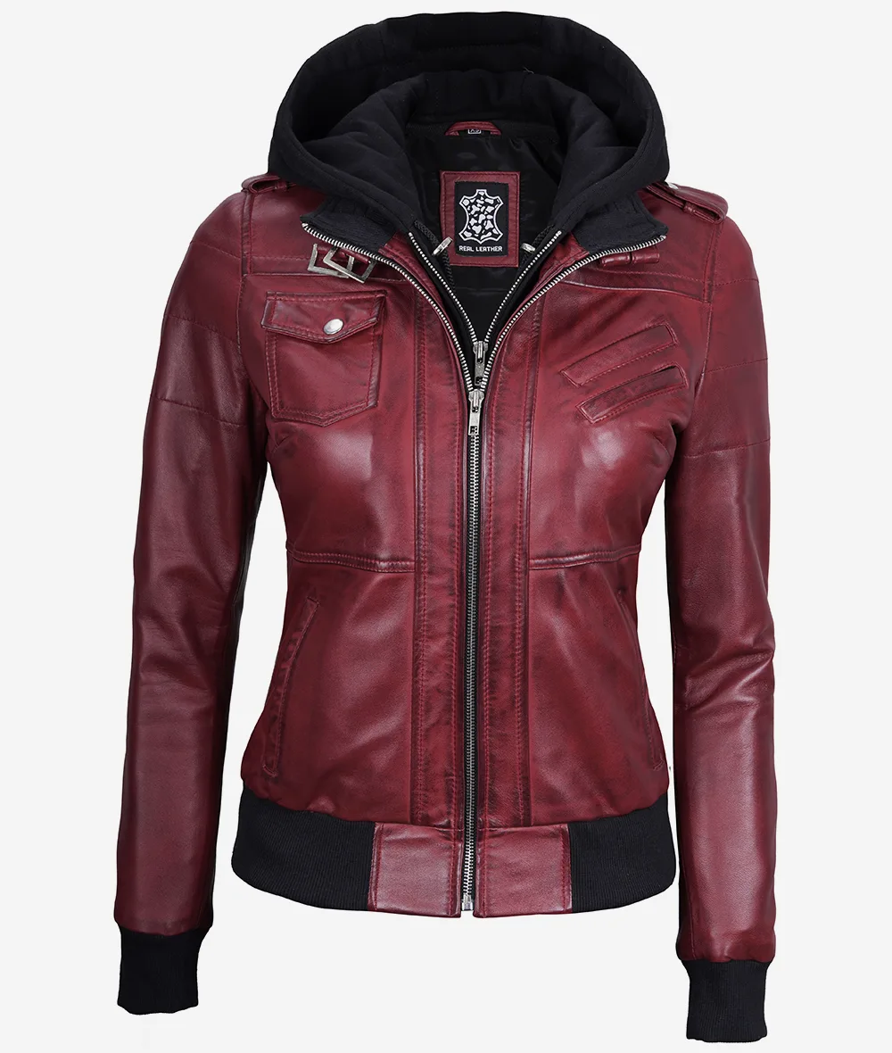 Womens Maroon Hooded Bomber Leather Jacket