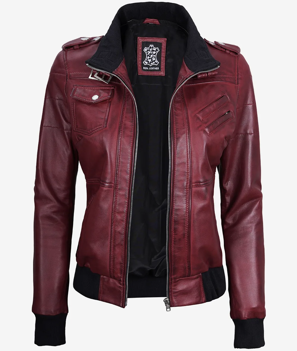 Womens Maroon Hooded Bomber Leather Jacket