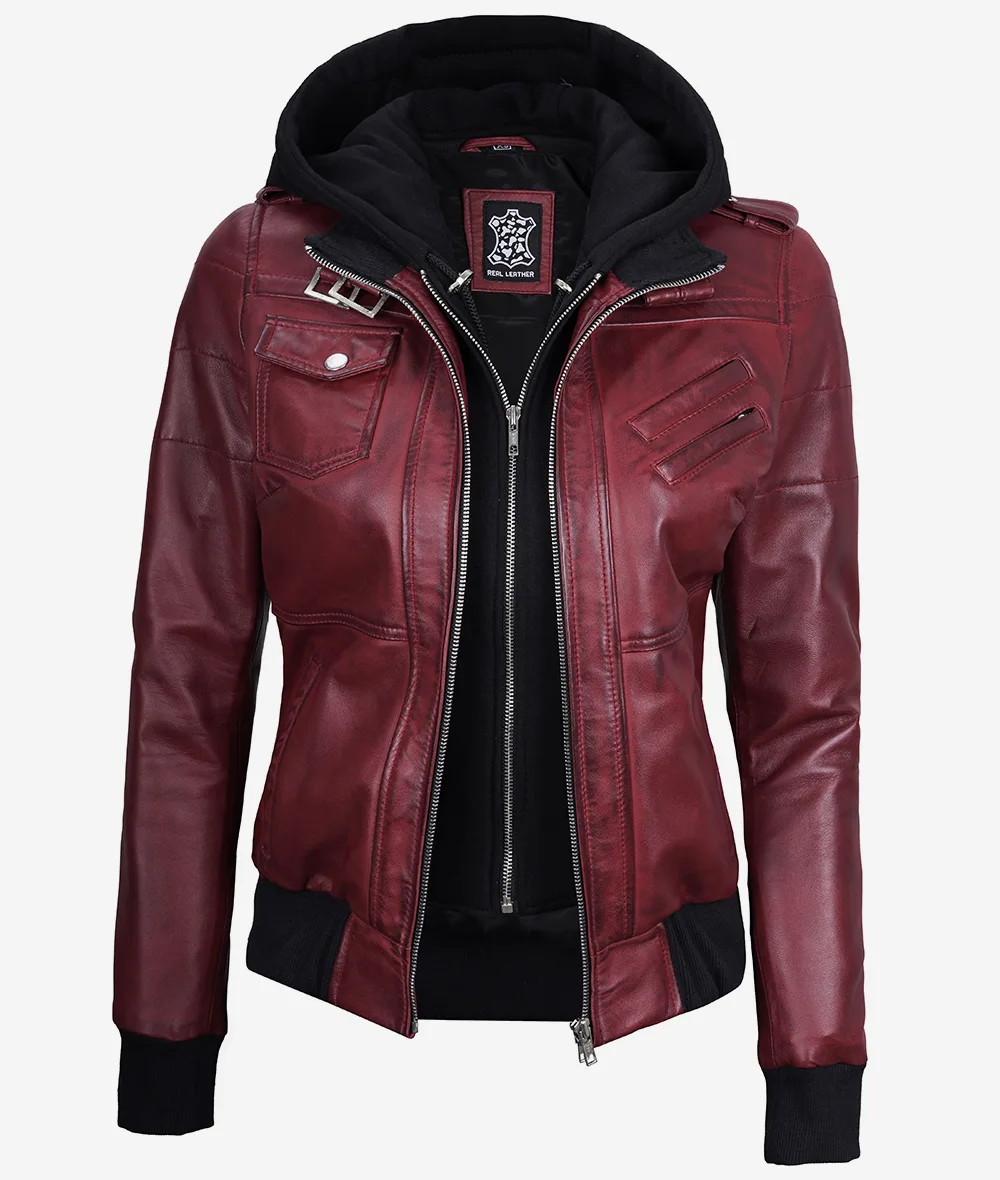 Womens Maroon Hooded Bomber Leather Jacket