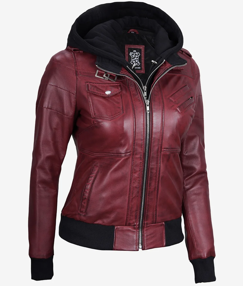 Womens Maroon Hooded Bomber Leather Jacket