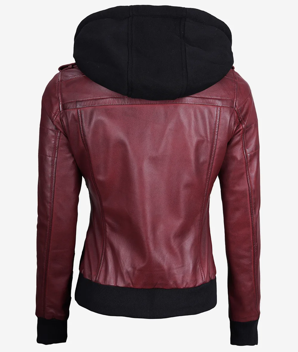 Womens Maroon Hooded Bomber Leather Jacket