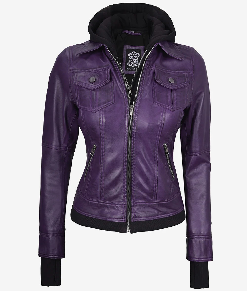 Womens Purple Bomber Leather Jacket [Removeable Hood]