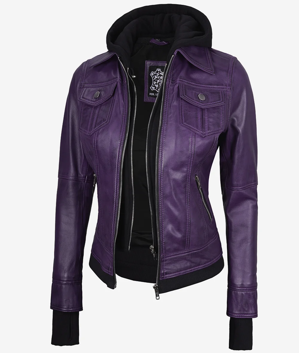 Womens Purple Bomber Leather Jacket [Removeable Hood]