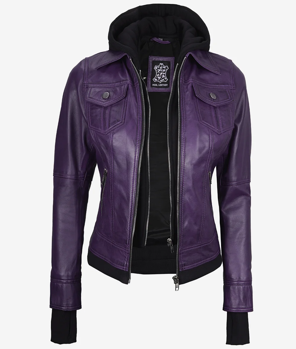 Womens Purple Bomber Leather Jacket [Removeable Hood]