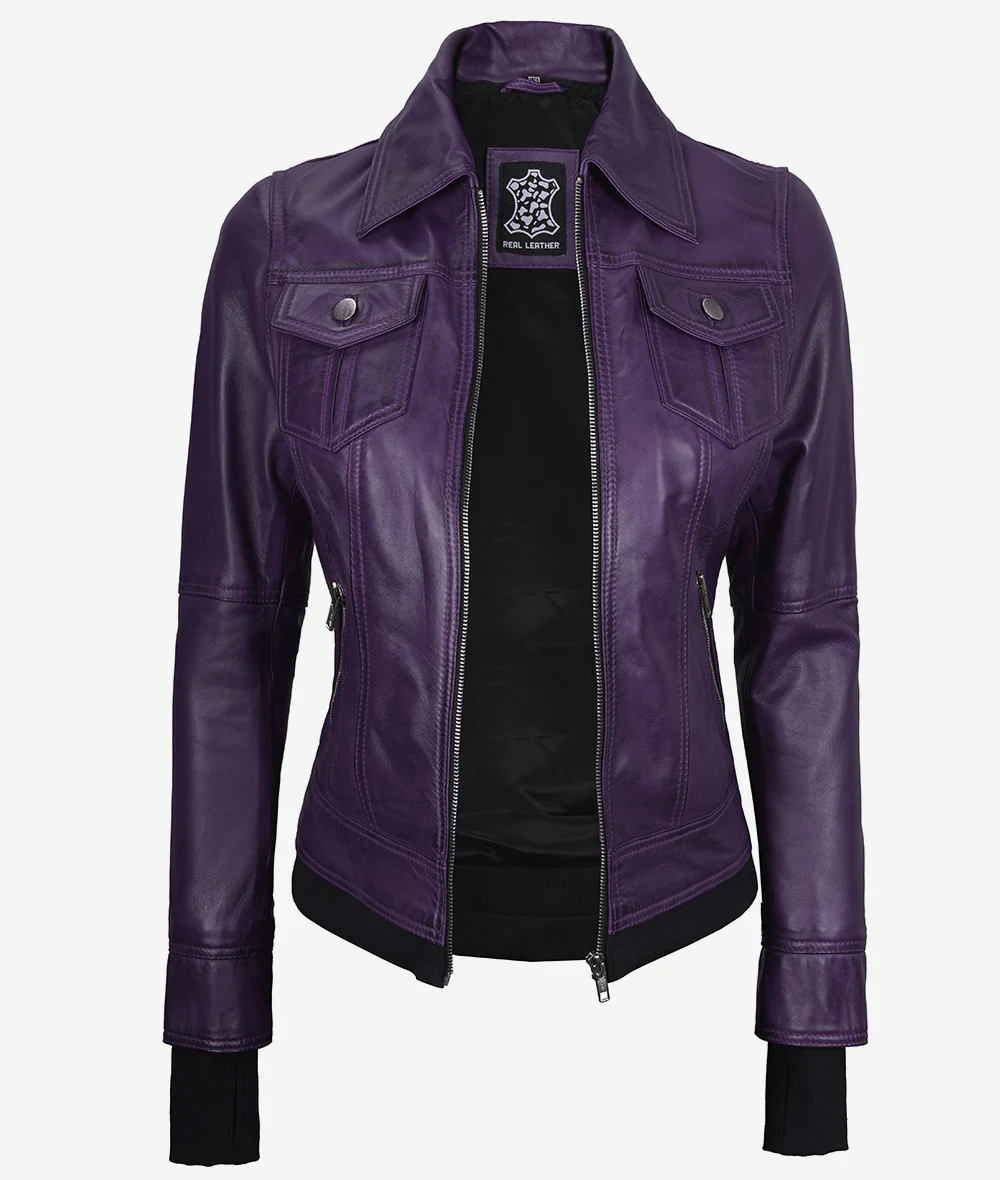 Womens Purple Bomber Leather Jacket [Removeable Hood]