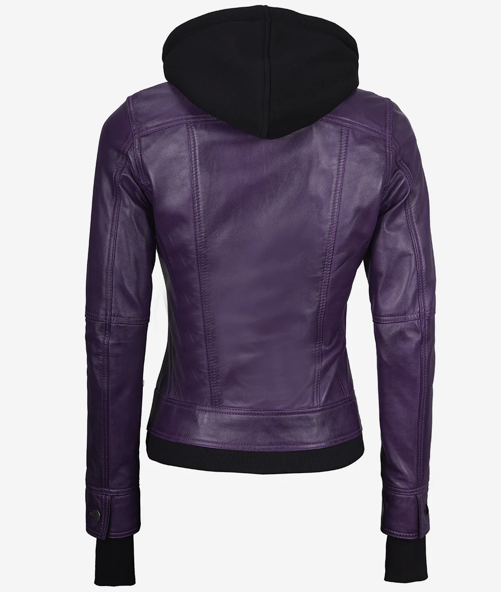 Womens Purple Bomber Leather Jacket [Removeable Hood]