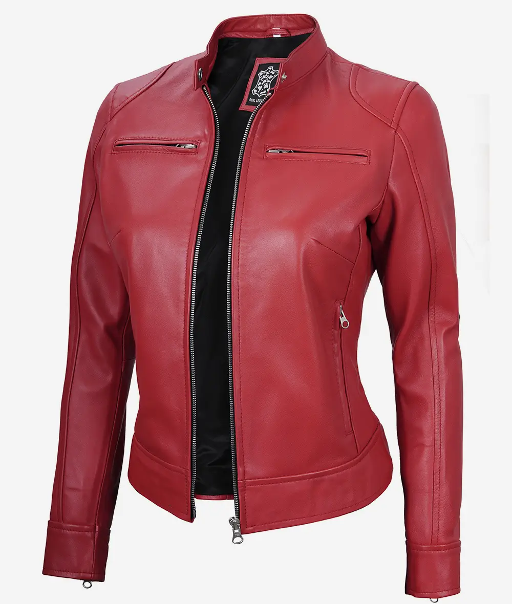 Womens Real Leather Red Moto Jacket