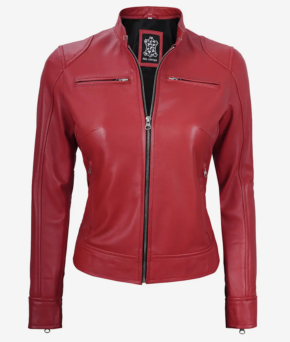 Womens Real Leather Red Moto Jacket