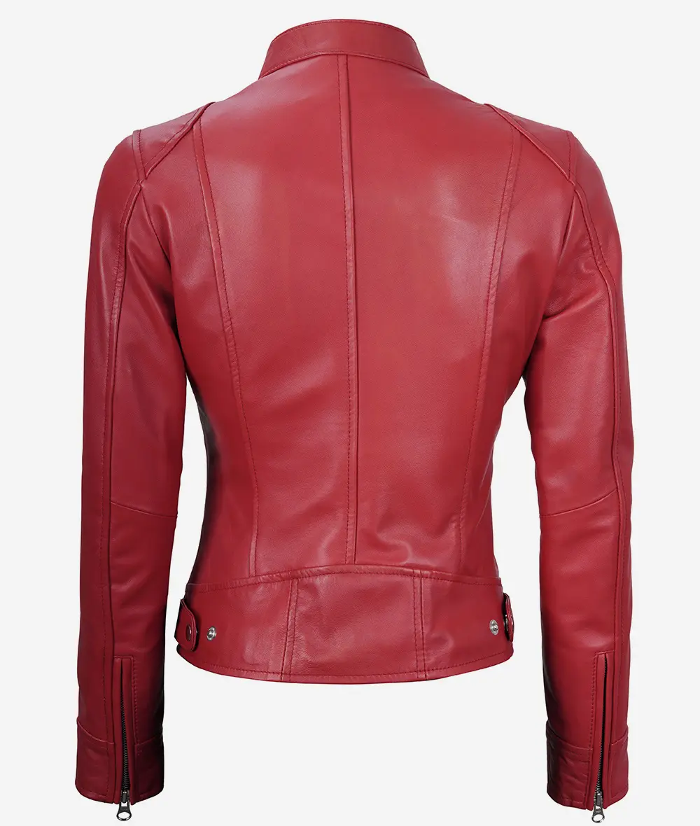 Womens Real Leather Red Moto Jacket