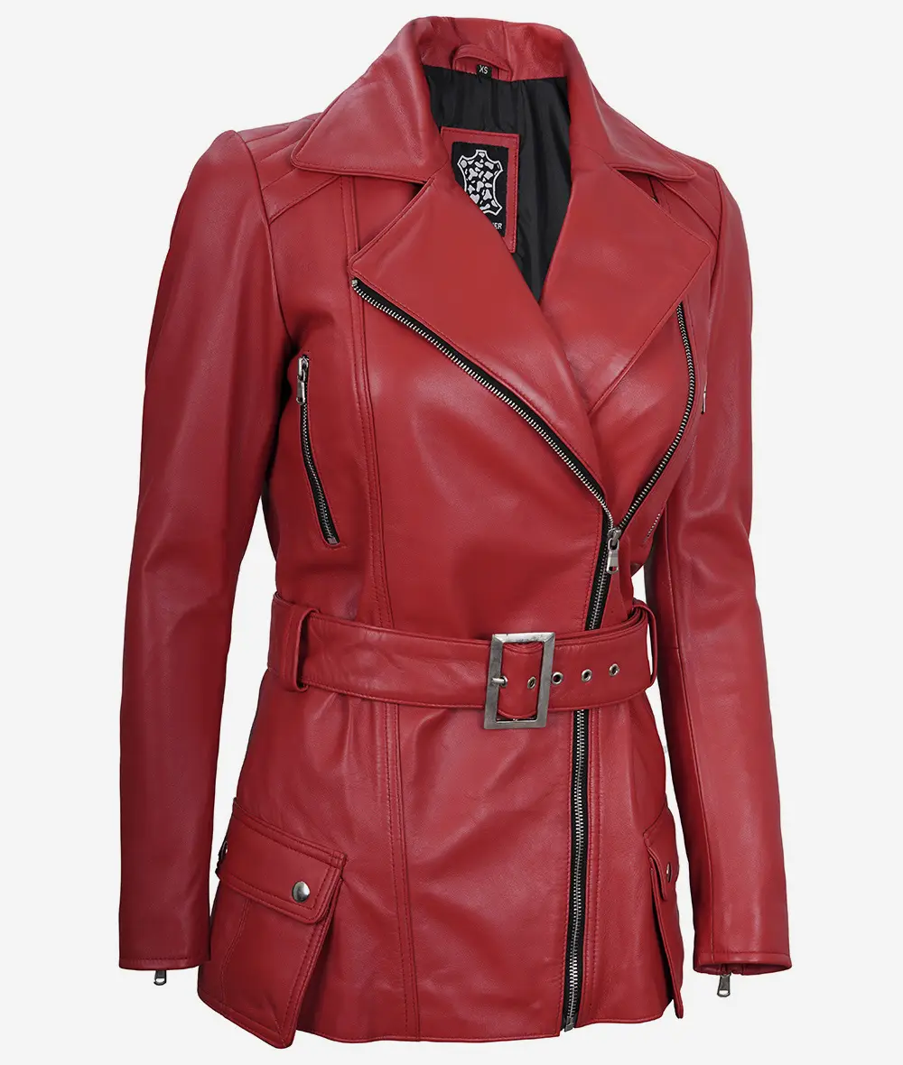 Womens Red Belted Moto Leather Jacket