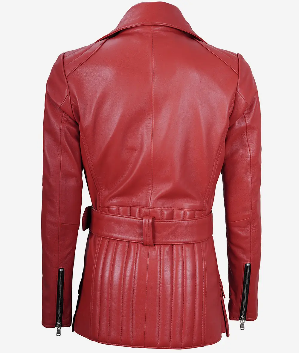 Womens Red Belted Moto Leather Jacket