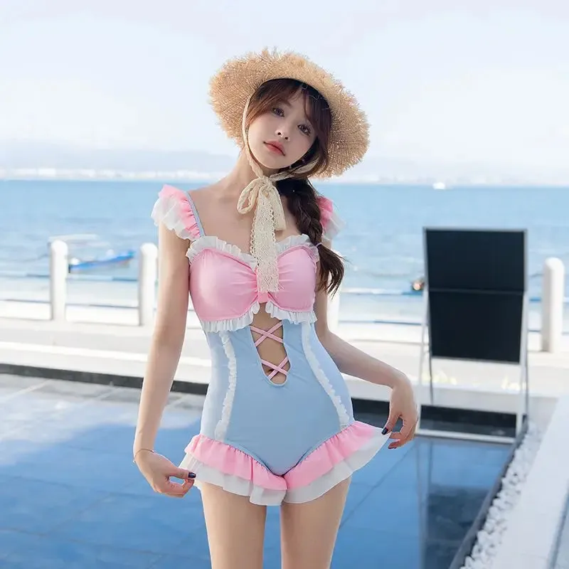 Women's Summer Korean Style Ruffle Panelled One-piece Beach Outfit