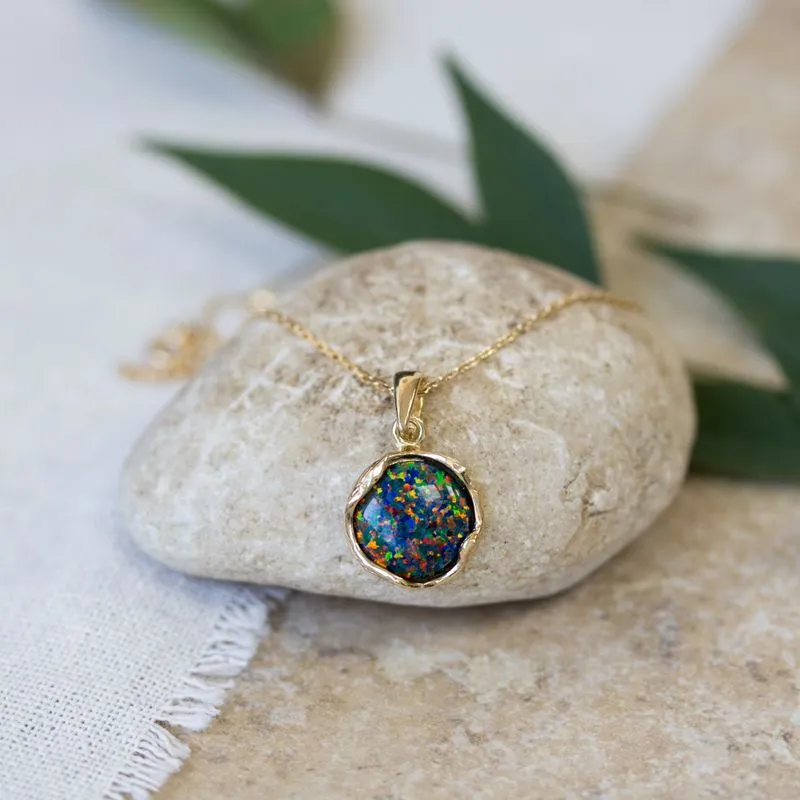 Yellow Gold Plated Black Opal Vintage Style 12mm Pendant